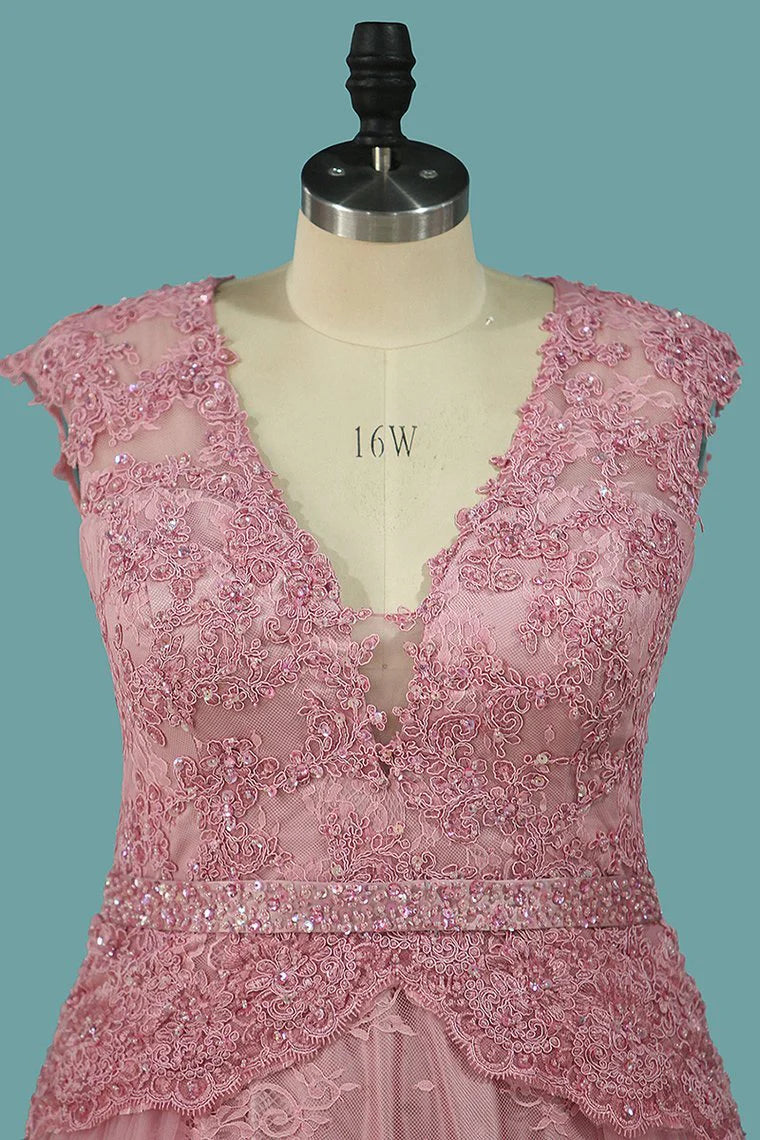 Tulle  Lace Party Dresses Open Back V Neck With Applique And Beads